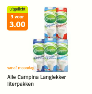 Alle Campina Langlekker literpakken 3 voor €3 bij de AH