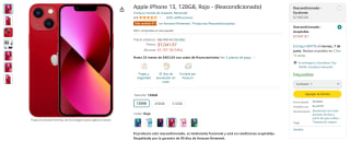 iPhone 13 128GB Rojo Reacondicionado por $7,042 en Amazon