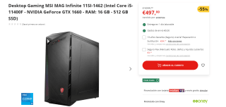 Ordenador de Sobremesa Gaming MSI MAG Infinite 11SI-1462XES, i5, 16GB, 512GB SSD, GeForce GTX 1660 Super Ventus 6GB, FreeDOS por 497€