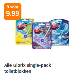 Alle Glorix single-pack toiletblokken 9 stuks voor €9,99 bij de AH