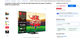 TV QLED 75" TCL 75C745, 4K UHD, Dolby Vision IQ, Smart TV, HDR10+ por 815,15€