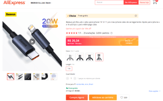 Cabo USB da Baseus, modelo Type-C e IPhone de 1 metro - R$ 20,34