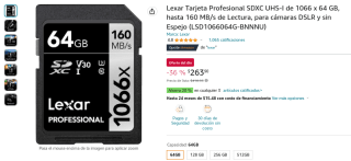 Tarjeta SDXC Lexar 64GB por $264 en Amazon