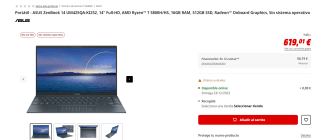 Portátil ASUS ZenBook 14 UM425QA-KI252, 14" Full-HD, AMD Ryzen 7 5800H/HS, 16GB RAM, 512GB SSD por 609€