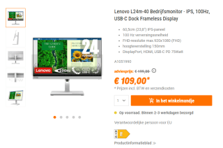 Lenovo L24M-40 - Full HD USB-C Monitor - 75w - 100hz - 24 inch voor €109 bij Nbb