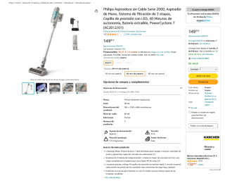 Philips Aspiradora sin Cable Serie 2000 Aspirador de Mano por 149€