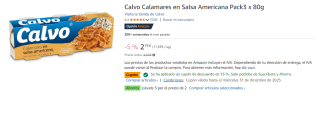 6 Unidades de Calvo Calamares en Salsa Americana Pack3 x 80g por 9.56€