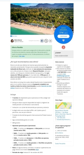 Semana Villa en paraíso tailandés para 2 personas por 379€.