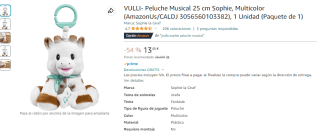 VULLI- Peluche Musical 25 cm Sophie por 13,45€