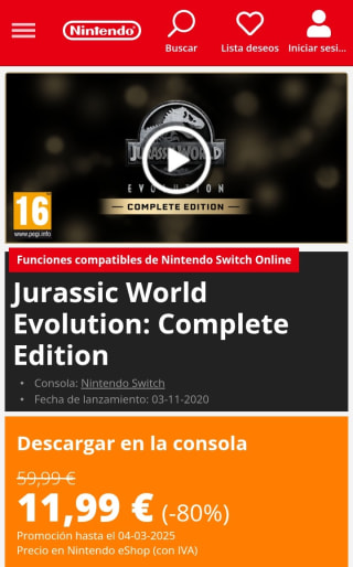 Jurassic World Evolution: Complete Edition Nintendo Switch por 11,99€.