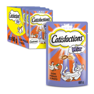 6 unidades premios para Gatos Catisfactions Sabor Mixto de Pollo y Pato de 60g por solo 5,40€