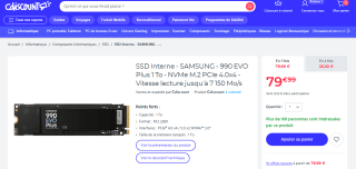 Disque SSD Interne M.2. NVMe Samsung 990 EVO Plus - 1 To, Lecture 7150 Mo/s, Écriture 6300 Mo/s