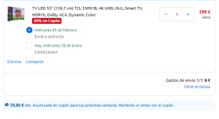 TV LED 55" TCL 55P61B, 4K UHD, HLG + cupón de 44,85€ por 299€