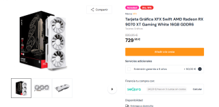Tarjeta Gráfica XFX Swift AMD Radeon RX 9070 XT Gaming White 16GB GDDR6 por 729,95€