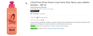 3 Botes de L'Oreal Paris Elvive Dream Long Crema Stop Tijeras, para cabellos dañados - 200 ml por 8.66€