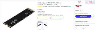 Disque dur SSD CRUCIAL P3 500 Go 3D NAND NVMe PCIe M.2 à 36,84€