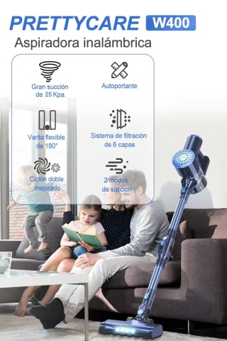 Aspiradora inalámbrica W400, Varita flexible de 180°, palo ligero 6 en 1, potente con 25kPa por 53,49€
