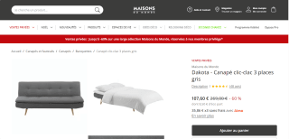 Canapé Clic-Clac Dakota 3 Places Gris à 107,60€