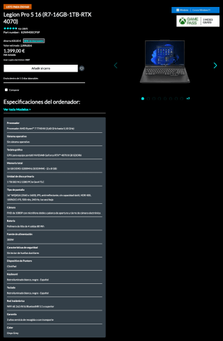 Legion Pro 5 16 R7-16GB 1TB RTX 4070 por solo 1,399€