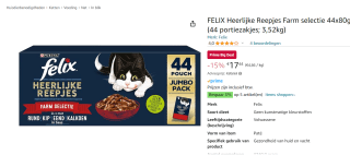 Felix Heerlijke Reepjes Farm Selectie (44 portiezakjes voor €17,44 bij Amazon