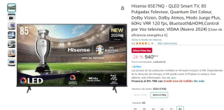 Hisense 85E7NQ - QLED Smart TV, 85 Pulgadas Televisor, Quantum Dot Colour por 940,88€