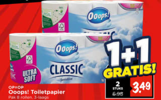 1+1 gratis op Ooops! wc papier 3 laags 8x2 rollen bij de Vomar