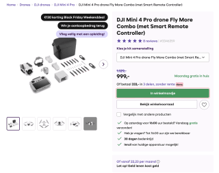DJI Mini 4 Pro drone Fly More Combo (met Smart Remote Controller) voor 999 euro