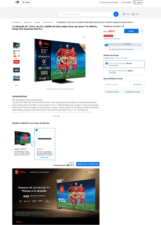 TV MiniLED 55'' 139.7 cm TCL 55Q9B 4K UHD Dolby Vision IQ Smart TV HDR10+ Dolby AC4 Quantum Dot Pro a solo 594,15€
