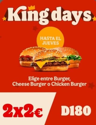 2 Cheese Burger o Chicken Burger por 2€ de Burger King