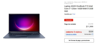 ASUS VivoBook F15 i7 12va Gen 16GB 512GB SSD por $11,999 en Elektra