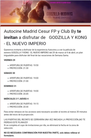 Godzilla y Kong un nuevo imperio Gratis Autocines Madrid