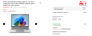 Portátil Microsoft Surface Laptop Copilot+ PC, 13.8" Táctil, Snapdragon X Plus, 16GB RAM, 256GB SSD, Adreno Graphics, W11 Home por 899€
