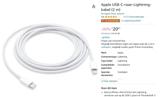 Apple USB‑C-naar-Lightning-kabel 2 meter voor €20,95 bij Amazon.nl