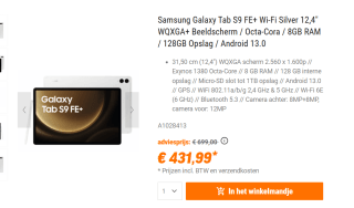 Samsung Galaxy Tab S9 FE+ Wi-Fi Silver 12,4" WQXGA+ Beeldscherm / Octa-Cora / 8GB RAM / 128GB Opslag voor €431,99 bij Nbb
