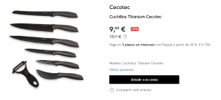Juego de 7 Cuchillos Profesionales Cecotec Titanium. Acero Inoxidable, Recubrimiento cerámico, Hoja de 2mm de grosor, Incluye Estuche por 9.99€