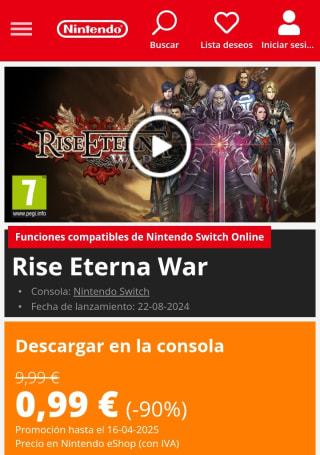Rise Eterna War Nintendo Switch por 0,99€.