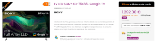 Televisor LED SONY de 75" KD-75X85L Google TV por 1272€