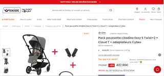 Pack poussette citadine Eezy S Twist+2 + Cloud T + adaptateurs Cybex à 407,96€
