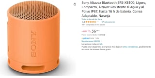 Altavoz inalámbrico - Sony SRS-XB100, Bluetooth, Portátil, Compacto y potente, 16 horas, Resistente al agua y al polvo IP67 por 36.28€
