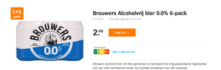 Brouwers Alcoholvrij bier 0.0% 6-pack 1+1 gratis bij de AH