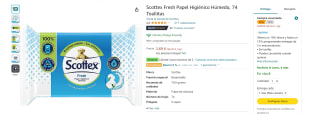 3ud Papel Higiénico Húmedo, 74 Toallitas marca Scottex Fresh por 5,38€