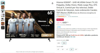 TV 60" Hisense 65E6NT UHD 4K,VIDAA Smart TV Dolby Vision, Modo Juego Plus por 449,99€