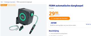 Ferm Slanghaspel 15 meter Automatisch oprolbaar voor €29,95 bij de Action