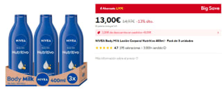 NIVEA Body Milk Loción Corporal Nutritivo 400ml - Pack de 3 unidades por 13€