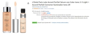 3 Unidades de L'Oréal Paris Lote Accord Parfait Sérum con Color tono 2-3 Light + Accord Parfait Corrector Iluminador tono 2R por 23.98€