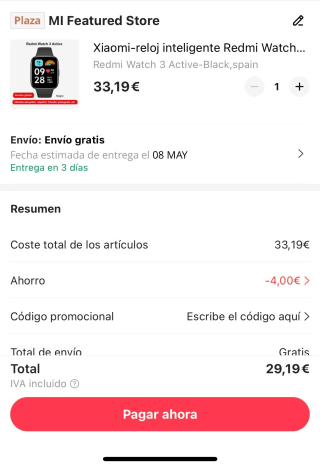 Xiaomi Redmi Watch 3 Active con llamadas por 29,19€