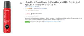 3 Botes de L'Oréal Paris Spray Fijador de Maquillaje Infaillible, Resistente al Agua, Se mantiene hasta 36h, 75 ml por 17.9€