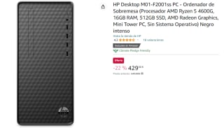PC sobremesa - HP M01-F2025ns Mini Torre, AMD Ryzen™ 5 4600G, 16GB RAM, 512GB SSD, FreeDos por 429€