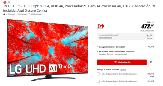 TV LED 55" - LG 55UQ91006LA, UHD 4K, Procesador α5 Gen5 AI Processor 4K, TDT2, Calibración TV incluida, Azul Oscuro Ceniza por 472.14€