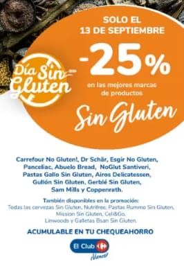 25% EXTRA descuento productos sin Gluten en Carrefour día 13 Septiembre